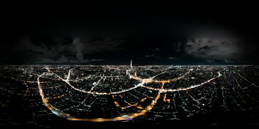 Global network of connected lights over the earth at night